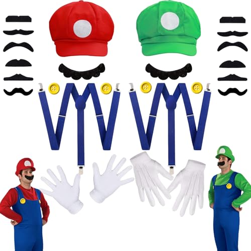 Xiujuers Mario Und Luigi Kostüm, Super Mario Kostüm, Mario Luigi Kostüm Accessories mit Kappen, Handschuhen, Bart, Knöpfen, Mario und Luigi Mütze, Super Mario Mütze, Geeignet für Kinder Erwachsene von Xiujuers