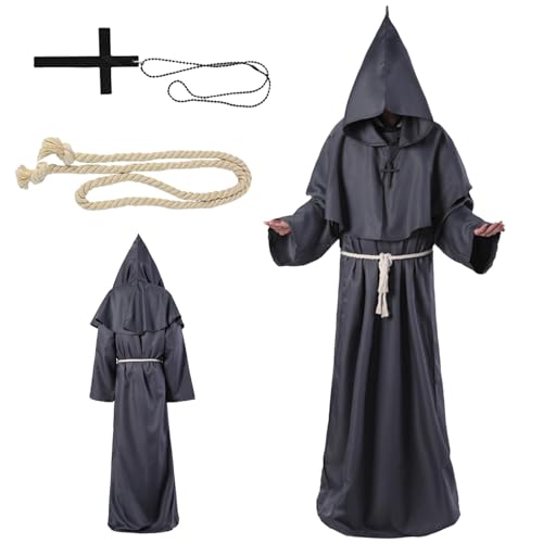 Xiujuers Mönch Kostüm Herren, Mönch Robe Kostüm mit Taillenkordel und Kreuzanhänger, Halloween Kostüm Herren, Halloween Kostüm Mönch, Priester Robe Kostüm für Mittelalterliche, Renaissance (L) von Xiujuers