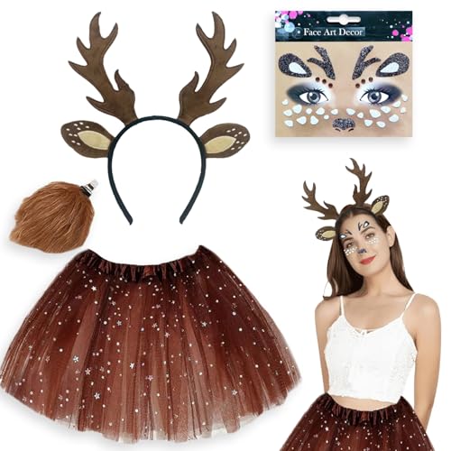 Xiujuers Rentier Kostüm Damen, Reh Kostüm Damen, Reh Kostüm Mädchen con Geweih Haarreif und Gesichtsaufkleber, Rehkitz Kostüm Damen, Hirsch Kostüm Damen für Weihnachten Cosplay, Karneval von Xiujuers