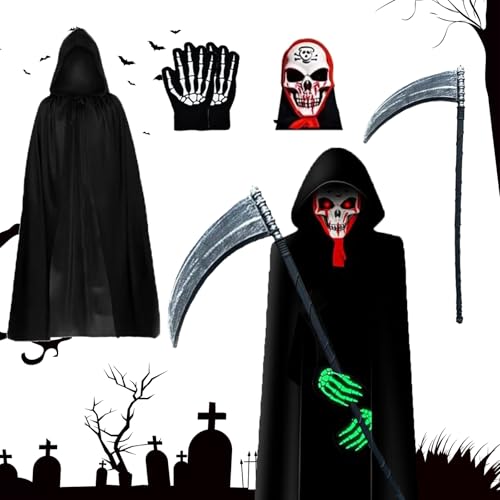 Xiujuers Sensenmann Kostüm Herren, Grim Reaper Costume, Halloween Kostüm Sensenmann, Halloween Kostüm Männer, Sensenmann Kostüm Erwachsene, Kostüm Sensenmann für Cosplay Halloween Party von Xiujuers