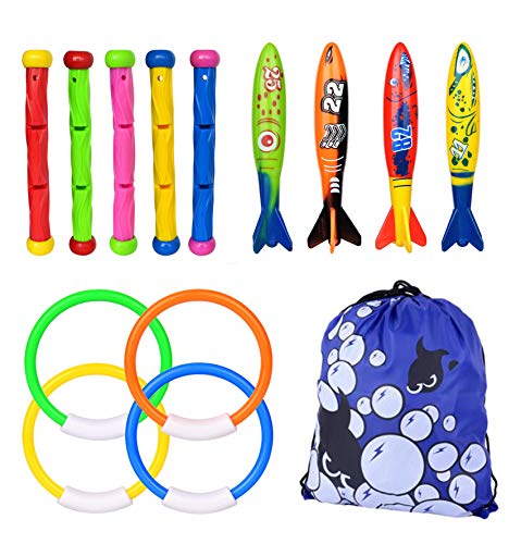 Tauch-Pool-Spielzeug, Sinkies für Kinder, Schwimm-Unterwasser-Tauchspielzeug-Set enthält 5 Tauchstäbe, 4 Torpedo-Banditen, 4 Tauchringe, lustiges Schwimmspielzeug für Pool von Xndryan