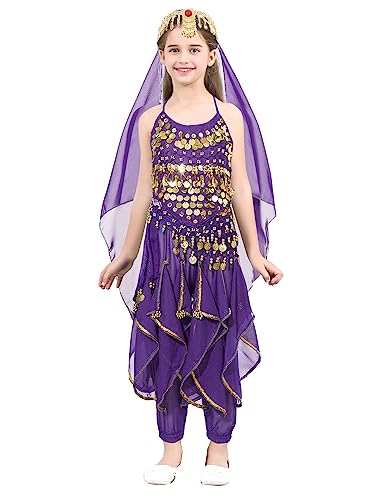 Xnihocha Bauchtanz Outfit für Kinder Mädchen 4tlg Party Indian Dance Kostüme Ärmellos Pailletten Top Hose Kopftuch Armband Münzgürtel Dunkelviolett 134-152 von Xnihocha