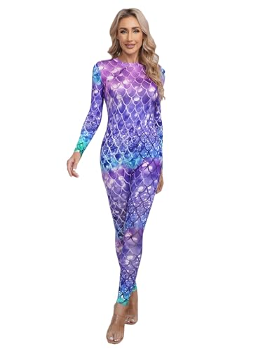 Xnihocha Catsuit Damen Langarm Meerjungfrau Kostüm Einteiliger Ganzkörper Fischschuppen Druck Badeanzug Overall Karneval Fasching Typ B S von Xnihocha