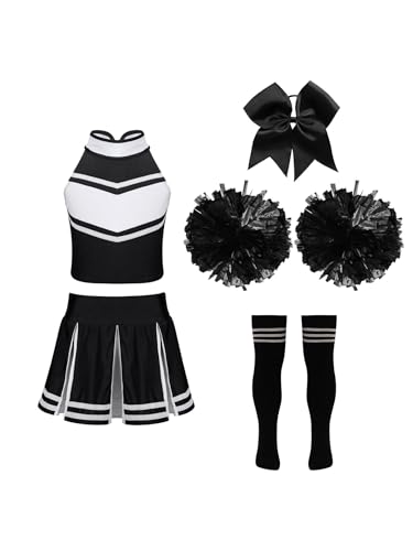 Xnihocha Cheer-Leader Kostüm Kinder Mädchen 5-teiliger Crop Tops +Faltenrock +Hand Blumen +Socken +Kopfbedeckung Party Tanz Outfits Ein Schwarz-Weiß 110-116 von Xnihocha