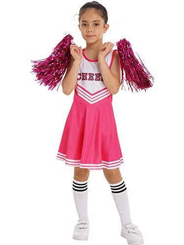 Xnihocha Cheer-Leader Kostüm Kinder Mädchen Tanzkleidung 3-teiliges Set Ärmellos Brief Drucken TanzKleid +Poms + Socken Festlich Tanzkostüm Hot Pink 146-152 von Xnihocha