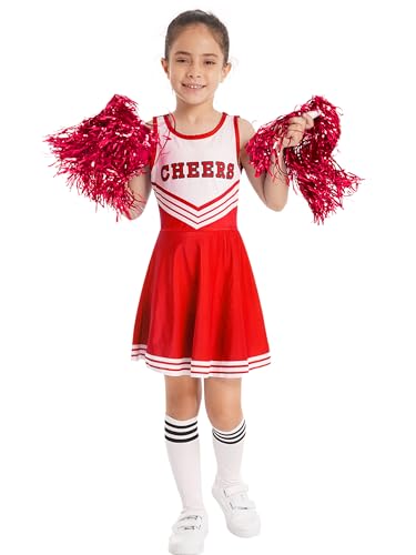 Xnihocha Cheer-Leader Kostüm Kinder Mädchen Tanzkleidung 3-teiliges Set Ärmellos Brief Drucken TanzKleid +Poms + Socken Festlich Tanzkostüm Rot 134-140 von Xnihocha