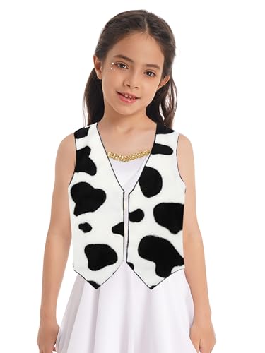 Xnihocha Cowboy Kostüm Kinder Weste Flanell Ärmellos Jacke Kuh bedruckte Tank Top Offene Vorderseite Cowgirl Oberteil Gilets Schwarz-Weiss 122-128 von Xnihocha