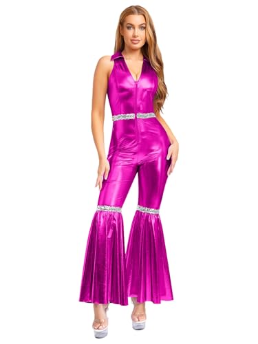 Xnihocha Damen Disco Kostüm 70er Jahre Metallic Jumpsuit Einteilige Ausgestellt Overall Neckholder Hosenanzug für Mottopartys Hot Pink M Xnihocha Damen Disco Kostüm 70er Jahre Metallic Jumpsuit Einteilige Ausgestellt Overall Neckholder Hosenanzug für Mottopartys Hot Pink M von Xnihocha