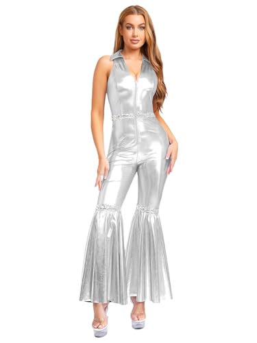 Xnihocha Damen Disco Kostüm 70er Jahre Metallic Jumpsuit Einteilige Ausgestellt Overall Neckholder Hosenanzug für Mottopartys Silber M Xnihocha Damen Disco Kostüm 70er Jahre Metallic Jumpsuit Einteilige Ausgestellt Overall Neckholder Hosenanzug für Mottopartys Silber M von Xnihocha