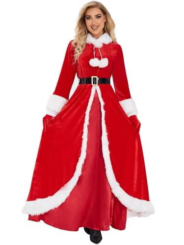 Xnihocha Damen Weihnachtskostüm Samt Maxi Kleid mit Gürtel Langarm Weihnachtsmantel Cape Retro Abendkleid Xmas Outfit Typ A S von Xnihocha