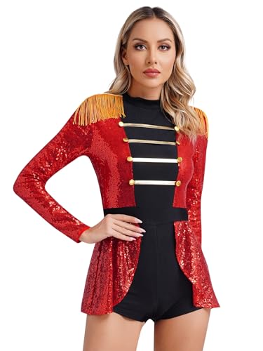 Xnihocha Damen Zirkus Kostüm Glitzer Body mit Quasten Langarm Ringmaster Uniform Pailletten Jumpsuit Halloween Outfit Rot 4XL von Xnihocha