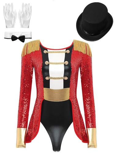 Xnihocha Damen Zirkus Ringmaster Kostüm Set Fransen Pailletten Bodysit mit Hut mit Hut Bogen Kragen Handschuhe 4-teiliger Uniform Halloween Cosplay Rot 3XL von Xnihocha