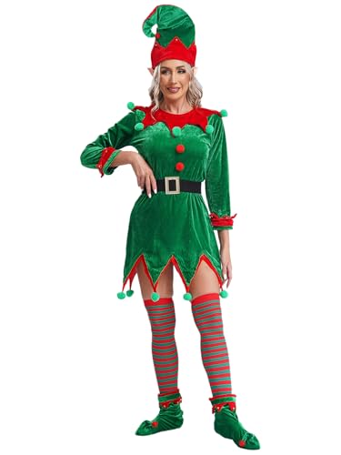 Xnihocha Erwachsene Weihnachten Elf Kostüm Kleidung Set Damen 6Pcs Outfit Mit Elfenohren Hut Schuhen Gürtel Socken für Karneval Grün L von Xnihocha