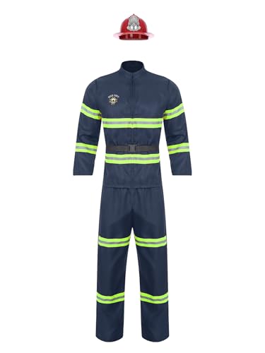 Xnihocha Feuerwehrmann Kostüm für Herren Kostüm Langarm Mantel + Lange Hose +Kunststoffhelm +Gürtel Mottoparty Navy blau S von Xnihocha