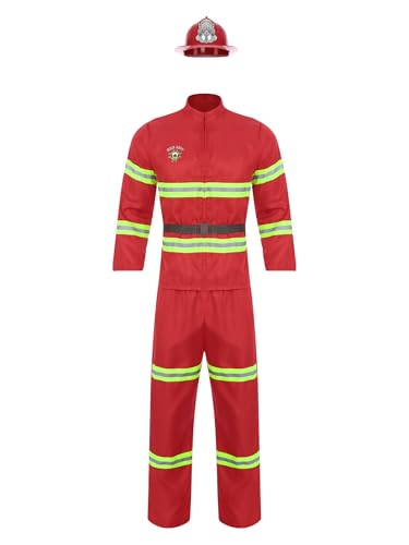 Xnihocha Feuerwehrmann Kostüm für Herren Kostüm Langarm Mantel + Lange Hose +Kunststoffhelm +Gürtel Mottoparty Rot XS von Xnihocha