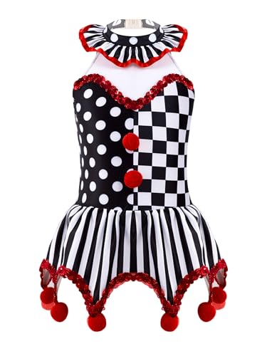 Xnihocha Halloween Kostüm Kinder Clown Kostüm Mädchen Prinzessin Kleid Ärmellos Festklei Neckholder Tanz Partykleid Verkleidung Schwarz Rot 158-164 von Xnihocha