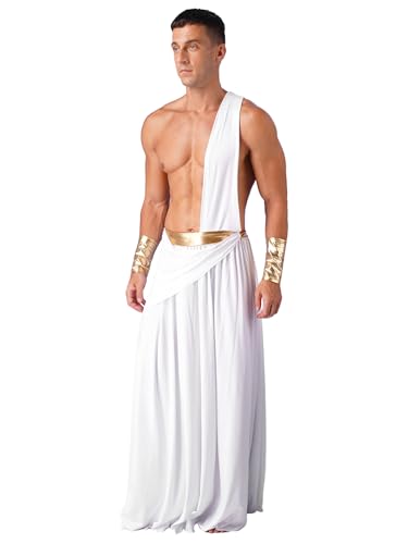 Xnihocha Herren Gladiator Kostüm Ein Schulterriemen Römische Toga Halloween Altgriechisch Cosplay Langer Rock mit Armbänder Faschingskostüme Weiß XXL von Xnihocha