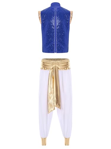 Xnihocha Herren Halloween Aladin Kostüm Set Kostüm Pailletten vorne offen Weste mit Aladdinhose für Karneval Fasching Blau Weiss 3XL von Xnihocha