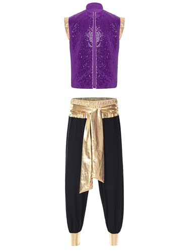 Xnihocha Herren Halloween Aladin Kostüm Set Kostüm Pailletten vorne offen Weste mit Aladdinhose für Karneval Fasching Lila Schwarz L von Xnihocha