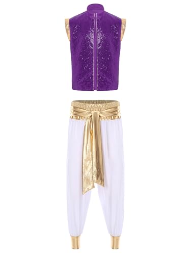 Xnihocha Herren Halloween Aladin Kostüm Set Kostüm Pailletten vorne offen Weste mit Aladdinhose für Karneval Fasching Lila Weiß 3XL von Xnihocha