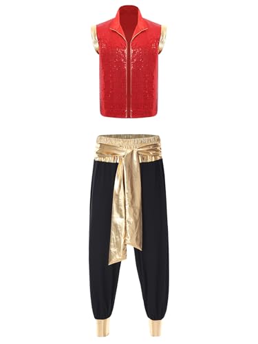 Xnihocha Herren Halloween Aladin Kostüm Set Kostüm Pailletten vorne offen Weste mit Aladdinhose für Karneval Fasching Rot Schwarz M von Xnihocha