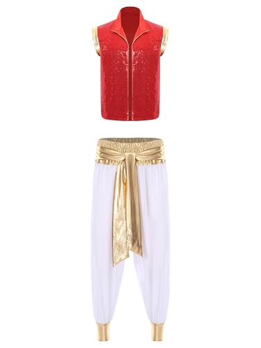 Xnihocha Herren Halloween Aladin Kostüm Set Kostüm Pailletten vorne offen Weste mit Aladdinhose für Karneval Fasching Rot Weiss 3XL von Xnihocha