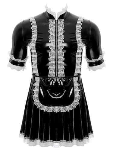 Xnihocha Herren Lackleder Sissy Kleid Maid Cosplay Kostüm Kurzärmeliges Dienstmädchen Uniform Crossdresser Outfits Schwarz XXL von Xnihocha