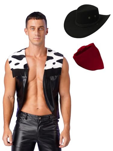 Xnihocha Herren Wildleder Anzug 3 Stück Cowboy Kostüm Ärmellos Open Front Weste +Hut+Bandanna für Halloween Rollenspiel Schwarz XXL von Xnihocha