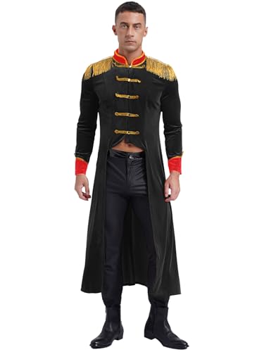 Xnihocha Herren Zirkus Kostüm Mittelalter Jacke Vintage Langarm Ringmaster Karnevalskostüm Samt Smoking Mantel Ringmaster Karneval Schwarz XL von Xnihocha