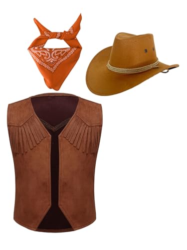 Xnihocha Jungen Mädchen Cowboy Kostüm 3-teilige Weste + Hut + Halstuch Wild Western Cowgirl Outfits Kinder Halloween Rollenspiel Fasching Orange 122-128 von Xnihocha