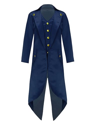 Xnihocha Kinder Jungen Gothic Mittelalter Frack Mantel Langarm Viktorianischen Retro Smoking Uniform Piraten Halloween Kostüm Navy blau 170-176 von Xnihocha