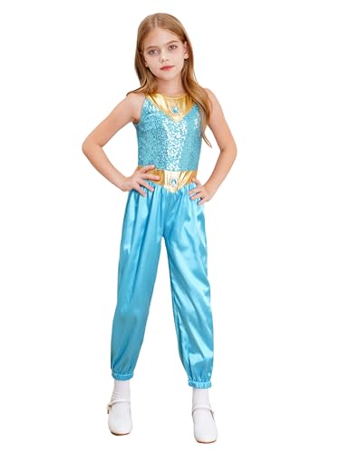 Xnihocha Kinder Mädche Bauchtanz Kostüm Indische Tanzkostüm Ärmellos Glänzende Tanzbody Jumpsuit Weihnachten Halloween Party Verkleidung Hellblau 158-164 von Xnihocha