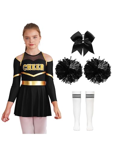 Xnihocha Kinder Mädchen Cheer Leader Kostüm Cheer Uniform Kleidung Sets Mit Pompoms Socken Haarbänder Halloween Karneval Fasching Ein Weiß&Schwarz 110-116 von Xnihocha