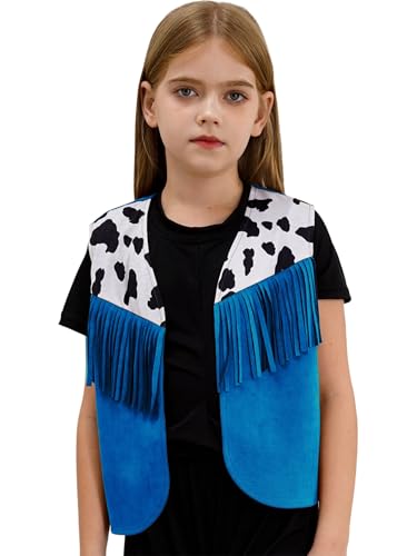 Xnihocha Kinder Mädchen Weste Kurz Ärmellos Fransen Weste Faux Wildleder Fringe Jacke Cowgirl Party Kostüm für Karneval Mottoparty Blau 110-116 von Xnihocha