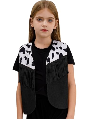 Xnihocha Kinder Mädchen Weste Kurz Ärmellos Fransen Weste Faux Wildleder Fringe Jacke Cowgirl Party Kostüm für Karneval Mottoparty Schwarz 110-116 von Xnihocha