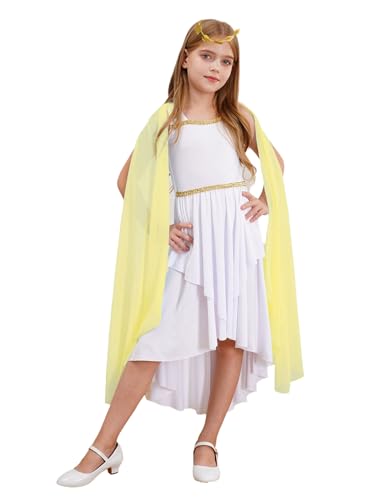 Xnihocha Mädchen Altgriechisch Toga Kostüm Ärmellos Prinzessin Mittelalter Kleid und Kranz Stirnband Faschingskostüme Gelb 122-128 von Xnihocha