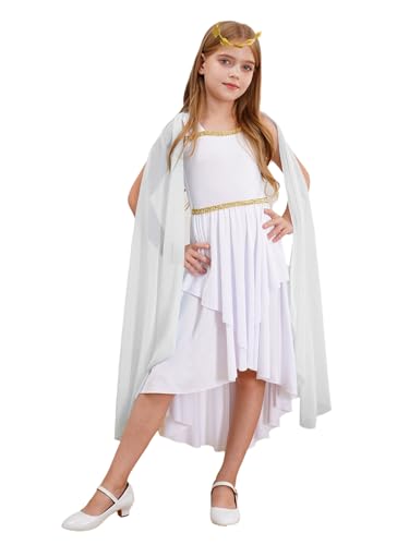 Xnihocha Mädchen Altgriechisch Toga Kostüm Ärmellos Prinzessin Mittelalter Kleid und Kranz Stirnband Faschingskostüme Weiß 122-128 von Xnihocha