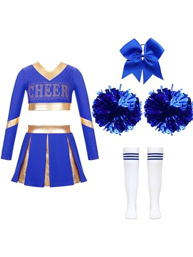 Xnihocha Mädchen Cheer Leader Kostüm Set 5Stück Festlich Tanzkostüm mit Socken Kopfbedeckung Und Pompons Party Outfits Ein blaues 110-116 von Xnihocha