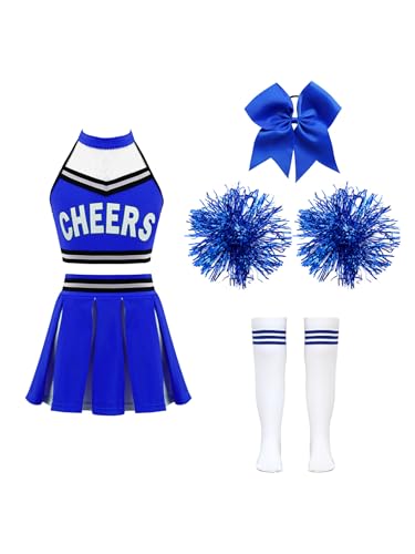 Xnihocha Mädchen Cheer-leader Kostüm Ärmellos Cheerleading Uniform Sets 4tlg.Kinderkostüm für Karneval Halloween B Blau 122-128 von Xnihocha