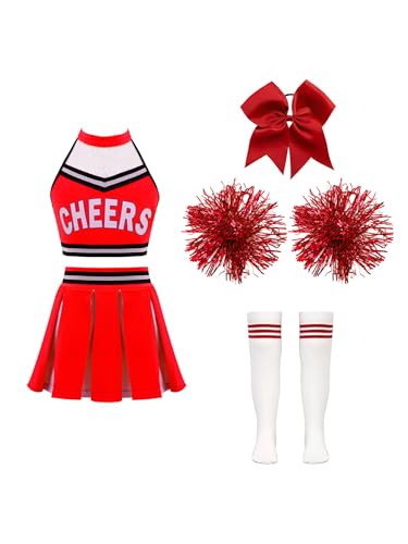 Xnihocha Mädchen Cheer-leader Kostüm Ärmellos Cheerleading Uniform Sets 4tlg.Kinderkostüm für Karneval Halloween B Rot 110-116 von Xnihocha