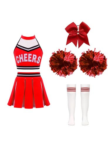 Xnihocha Mädchen Cheer-leader Kostüm Ärmellos Cheerleading Uniform Sets 4tlg.Kinderkostüm für Karneval Halloween Ein Rot 134-140 von Xnihocha