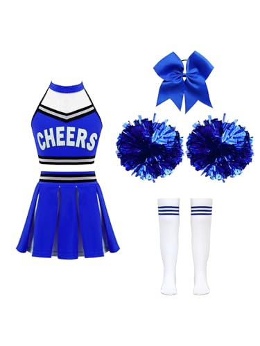 Xnihocha Mädchen Cheer-leader Kostüm Ärmellos Cheerleading Uniform Sets 4tlg.Kinderkostüm für Karneval Halloween Ein blaues 122-128 von Xnihocha