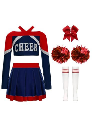 Xnihocha Mädchen Cheer leader Kostüm Kinder Uniform mit Pompons Kopfbedeckungen und Socken Pompon Kleid Cosplay Fest Karneval Halloween Navy blau 122-128 Xnihocha Mädchen Cheer leader Kostüm Kinder Uniform mit Pompons Kopfbedeckungen und Socken Pompon Kleid Cosplay Fest Karneval Halloween Navy blau 122-128 von Xnihocha
