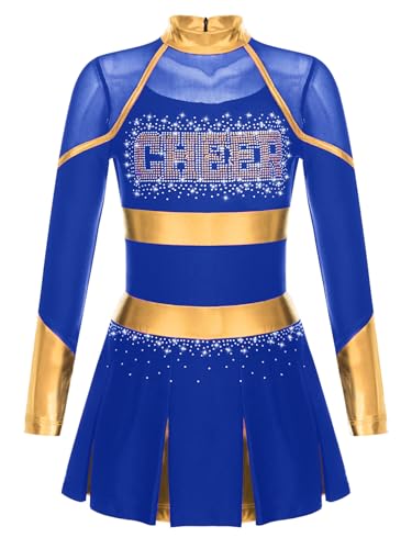 Xnihocha Mädchen Cheerleading Kostüm Glittery Strass Tanz kleid Langarm Cheer-Leader Uniforms Performance Party Blau 134-140 von Xnihocha