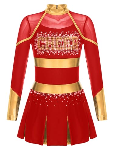 Xnihocha Mädchen Cheerleading Kostüm Glittery Strass Tanz kleid Langarm Cheer-Leader Uniforms Performance Party Rot 170 von Xnihocha