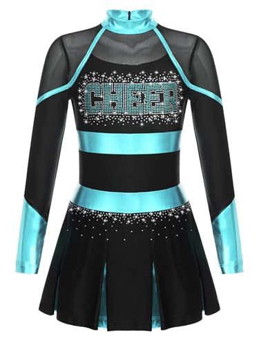 Xnihocha Mädchen Cheerleading Kostüm Glittery Strass Tanz kleid Langarm Cheer-Leader Uniforms Performance Party Schwarz & Blau Grün 146-152 von Xnihocha