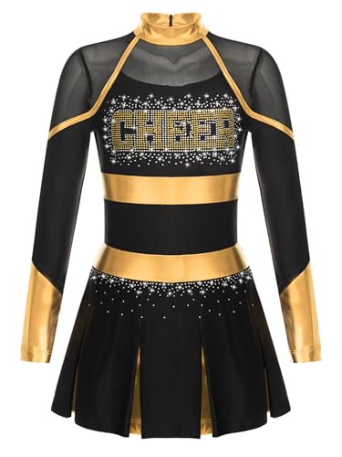 Xnihocha Mädchen Cheerleading Kostüm Glittery Strass Tanz kleid Langarm Cheer-Leader Uniforms Performance Party Schwarzes Gold 122-128 von Xnihocha