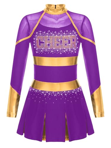 Xnihocha Mädchen Cheerleading Kostüm Glittery Strass Tanz kleid Langarm Cheer-Leader Uniforms Performance Party Violett 134-140 von Xnihocha