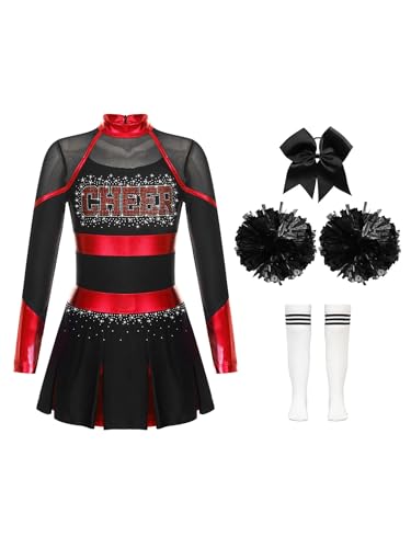 Xnihocha Mädchen Cheerleading Uniform Kinder 4-teiliger Langarm TrikotKleid mit Pompoms Socken Kopfbedeckung Tanzkostüm Kanreval Rot-Weiss 146-152 von Xnihocha