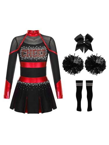 Xnihocha Mädchen Cheerleading Uniform Kinder 4-teiliger Langarm TrikotKleid mit Pompoms Socken Kopfbedeckung Tanzkostüm Kanreval Rot schwarz 122-128 von Xnihocha